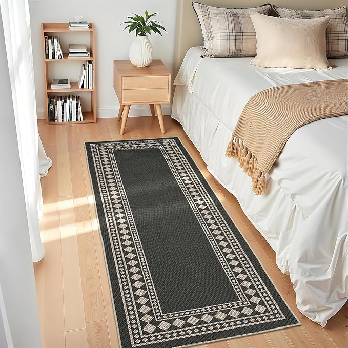 GarveeHome Jute Runner Rug 2x6 Washable Easy Jute Rug Non-Slip, Modern Bordered Indoor Outdoor Floor Mats, Easy Cleaning Geometric Neutarl Rugs for Kitchen Bedroom Balcony Entryway Porch, Black