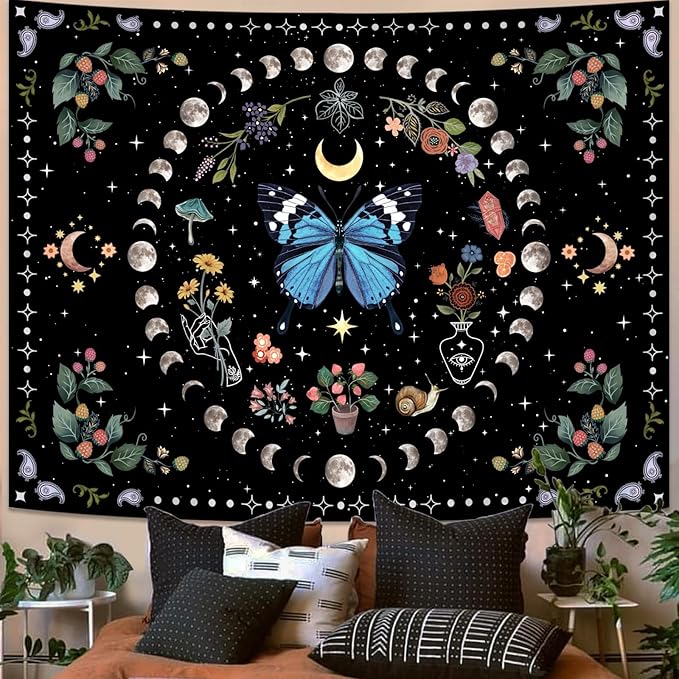 Aipon Blue Butterfly Moon Flower Tapestry Botanical Boho Plant Floral Tapestry for Bedroom Aesthetic Hippie Vintage Tapestries Wall Hanging for Living Room Dorm (60.00'' × 80.00'', Blue)