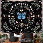 Aipon Blue Butterfly Moon Flower Tapestry Botanical Boho Plant Floral Tapestry for Bedroom Aesthetic Hippie Vintage Tapestries Wall Hanging for Living Room Dorm (68.00" x 90.00", Blue)