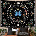Aipon Blue Butterfly Moon Flower Tapestry Botanical Boho Plant Floral Tapestry for Bedroom Aesthetic Hippie Vintage Tapestries Wall Hanging for Living Room Dorm (44.00" x 60.00", Blue)