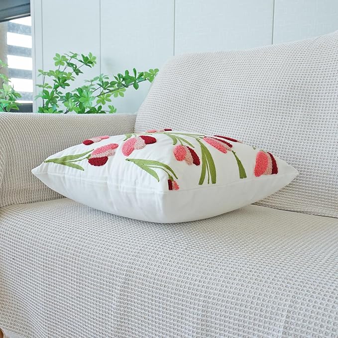 vctops Tulip Floral Embroidered Pillow Covers 18x18 Inch Spring Summer Cotton Tufted Throw Pillow Cover Outdoor Garden Cushion Case for Sofa, Bed, Living Room (Flower E,18"x18")