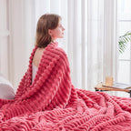 NEWCOSPLAY Super Soft Queen Blanket Coral Pink Premium Silky Flannel Fleece 3D Ribbed Jacquard Lightweight Bed Blanket All Season Use (Coral Pink Ribbed, Queen(90"x90"))
