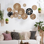 Xuhal 15 Pcs Boho Wall Basket Decor Handcrafted Seagrass Woven Wall Basket Rustic Round Woven Hanging Art for Home Farmhouse Kitchen Table Living Room (Dark Colors Style)