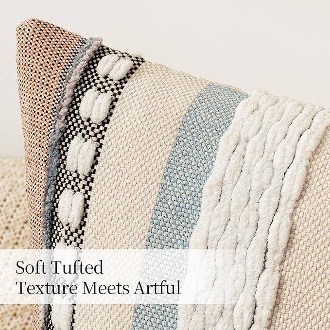 ANRODUO Pack of 2 Boho Decorative Throw Pillow Covers 18x18 Farmhouse Cushion Case Striped Chenille Pillow Cases Square Pillow Covers Accent Neutral Pillowcase for Sofa Couch Bed, Orange-Blue Stripe