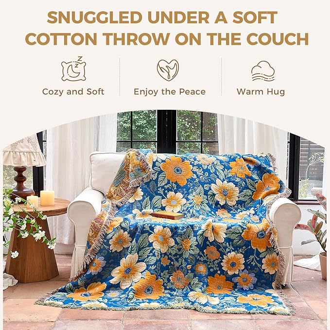Boho Throw Blanket for Couch Sofa Chair Cotton Spring Blankets for Bedroom Living Room All Season Lightweight Reversible Floral Embroidery Throws 50"x60"