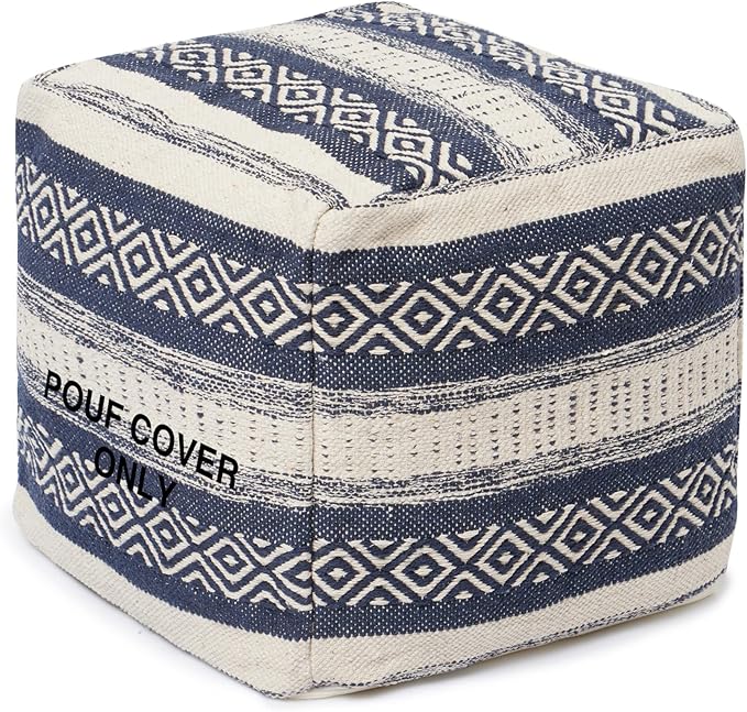 REDEARTH · UNSTUFFED Pouf Ottoman Cover Textured Cube Bean Bag Poof Pouffe Footrest for Living Room, Bedroom, Patio, Gym; 100% Cotton (18"X18"X18", Indigo Impressions)