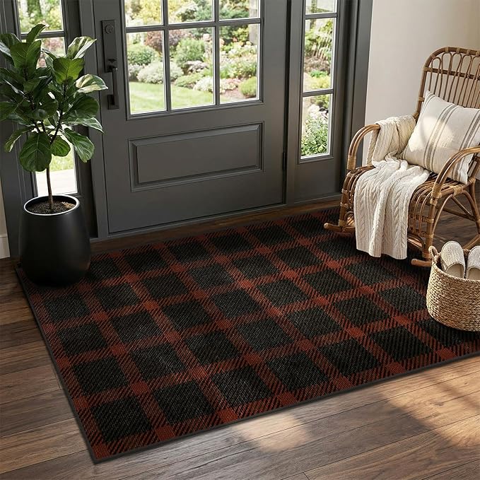 JTJ 3x5 Retro Buffalo Plaid Outdoor Rug - Front Door Mat Indoor Entrance, Non Slip Washable Rug for Kitchen, Living Room and Fireplace,Washable Easy Jute Red and Black Fall & Holiday Decor
