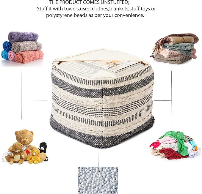 REDEARTH · UNSTUFFED Pouf Ottoman Cover Textured Cube Bean Bag Poof Pouffe Footrest for Living Room, Bedroom, Patio, Gym; 100% Cotton (18"X18"X18", Precis Descant Gray)