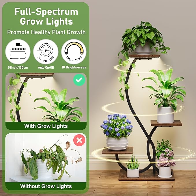 Plant Stand Indoor with Grow Lights - 2 Pack Plant Shelf, Lighted Corner Plant Stands for Indoor Growing, 4 Tiered Metal Flower Holder, S-Shaped Decorative Shelves for Home, Hallway, Black