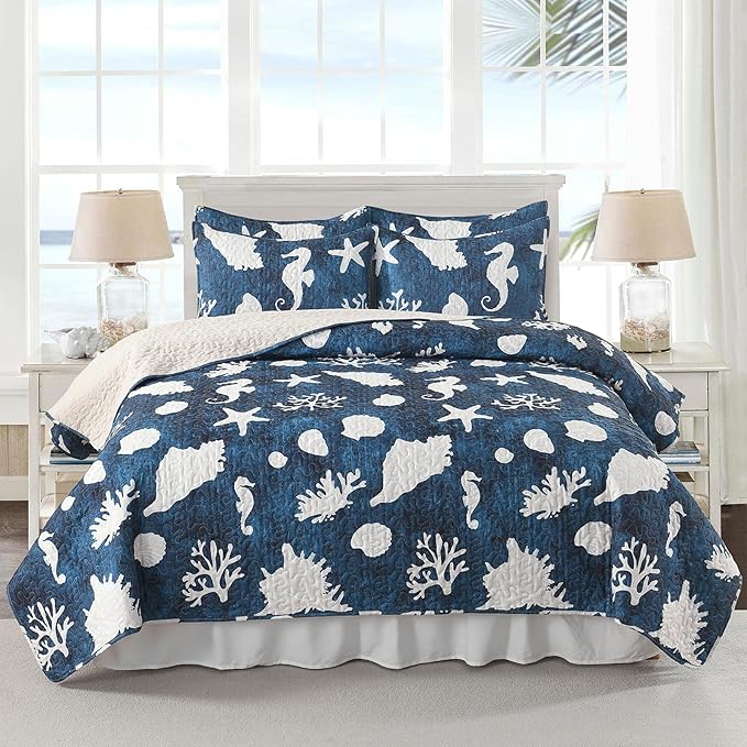HORIMOTE HOME Coastal Quilt Bedding Set Queen Size, Reversible Navy Summer Beach Quilt Lightweight Ocean Nautical Comforter Tropical Bedspread Coverlet with 2 Pillow Shams for All Seasons (90"x96")