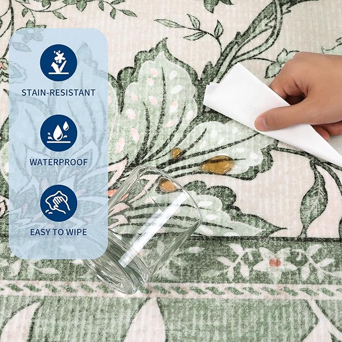 GarveeHome Sage Green 2.5 x 8 Washable Kitchen Runner Rugs Non Slip Provence Vintage Boho Cottage Long Rug for Hallways Bedroom Entryway Bathroom Mat with Rubber Back