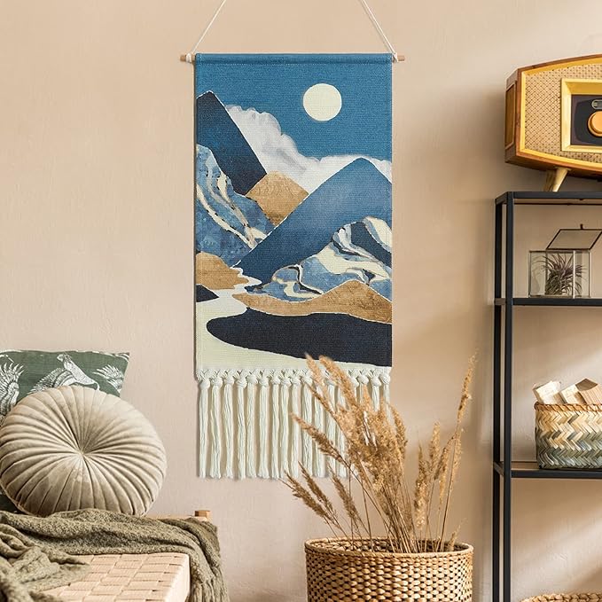 Alynsehom Macrame Woven Wall Hanging Tapestry Boho Wall Art Moon Mountain Chic Home Decor Bohemian Aztec Apartment Dorm Room Backdrop Decoration (Blue)