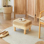 Ottoman Foot Stool Rectangular Footrest Natural Seagrass Footstool with Wooden Legs Hand Weave Multifunctional Modern Dressing Stool, Sofa Side Table for Bedroom for Living Room (White)