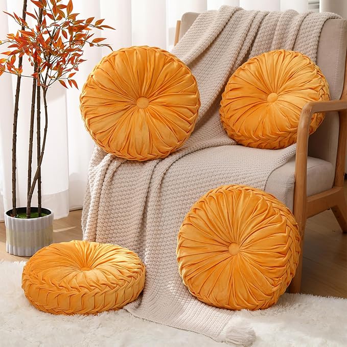 4 Pcs Round Throw Pillows 15 Inch Decorative Velvet Pleated Pumpkin Pillows Boho Floor Pillow with Center Button for Living Room Couch Chair Bed Sofa Home Decoration (Yellow)