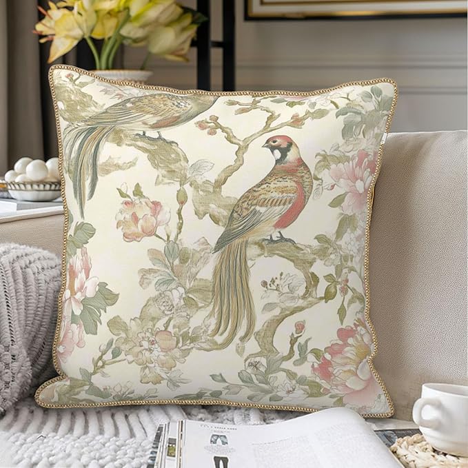 Vintage Cream Chinoiseriel Soft Velvet Throw Pillow Covers Set of 2 Bird Floral Flowers Leaves Decorative Pillow Covers 18x18 Inch Rustic Farmhouse Pillow Case For Sofa Couch Living Room Home Decor