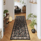 Rugcomf Vintage Paisley Runner Rug 2'7"x8' - Machine Washable, Non-Slip Low Pile Floral Carpet for Kitchen, Laundry, Bedroom, Bathroom - Black