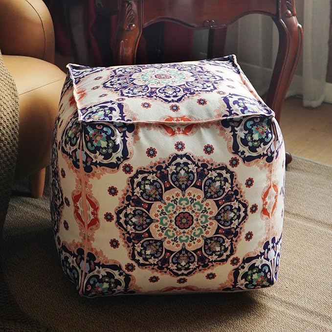 Unstuffed Pouf Cover Ottoman Footrest Bohemian Chenille Foot Stool Floor Bean Bag 18x18x18 Inches for Living Room Bedroom Home Decor (Blue, Cube)
