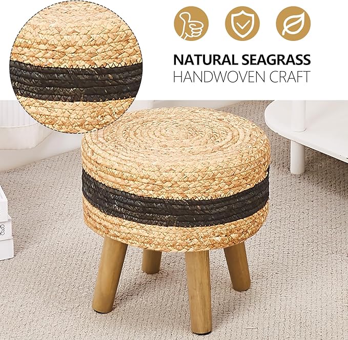 Cpintltr Round Ottoman Natural Seagrass Footstool Hand Weave Water Hyacinth Poufs Eco Friendly Sofa Foot Stool Soft Step Stool Padded Foot Rest with Pine Legs for Living Room (Black)