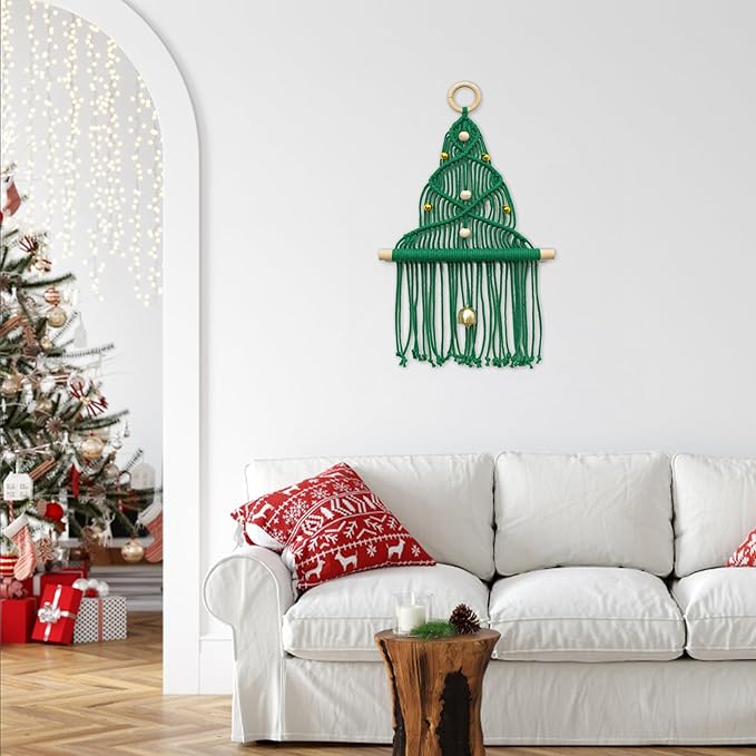 HVEST Green Macrame Christmas Tree Wall Hanging- Macrame Christmas Ornaments- Boho Xmas Gifts- Handmade Woven Tapestry for Bedroom Living Room Holiday Decorations, 16L X 10W