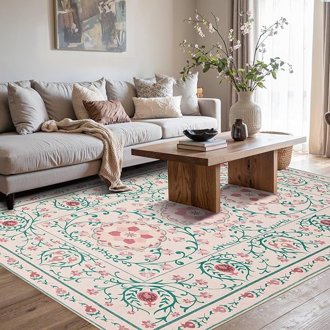 Pink Rug for Living Room Bedroom, Floral 5x7 Washable Rugs, Vintage Boho Style, Large Non Slip Flower Carpet for Indoor Dining Room, Girls Room and Nursery(Pink/Green 5x7ft)