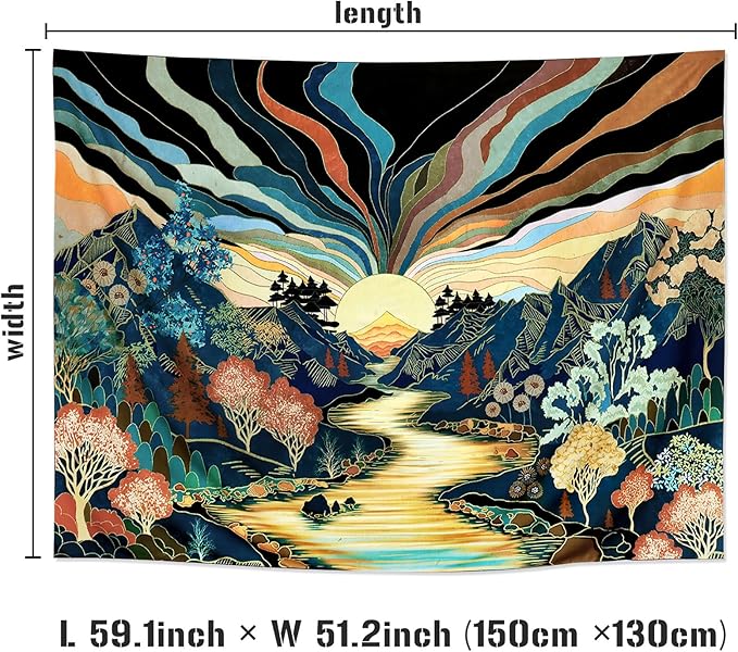 Dermijer Blacklight Forest Mountain Tapestry Sun Tapestry UV Reactive Retro Landscape Tapestries Black Light Watercolor Flower Trees Wall Art Tapestries Wall Hanging for Home Decor