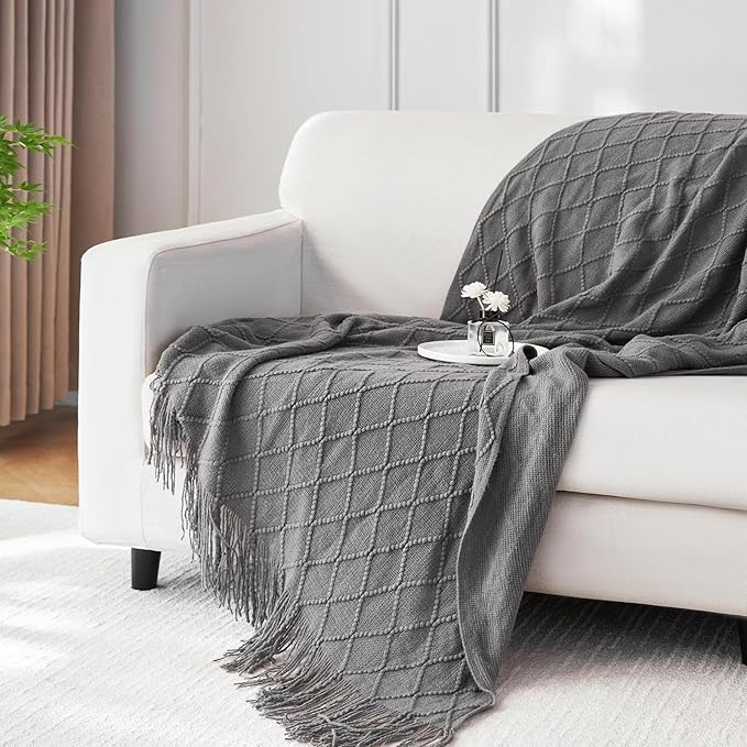 Throw Blanket for Couch Bed, Sofa Knit Blanket Farmhouse Throw for Living Room, Decorative Fall Throw Blanket for Chair, Outdoor Textured Boho Blanket（Dark Grey 51x67In）
