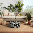 Indoor/Outdoor Inflatable Ottoman with Handle, Decorative Fade-Resistant Round Footstool D21 x H9 inch, Portable Ottoman Pouf for Patio Garden Camping, Elegant Vines Black