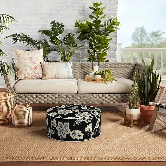 Indoor/Outdoor Inflatable Ottoman with Handle, Decorative Fade-Resistant Round Footstool D21 x H9 inch, Portable Ottoman Pouf for Patio Garden Camping, Elegant Vines Black