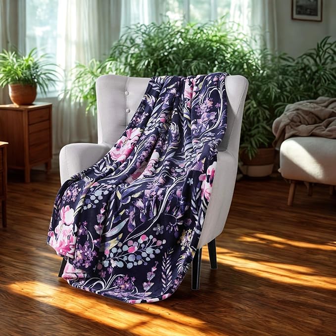 Floral Fleece Throw Blanket: Flowers Velvety Soft Vibrant Botanical Accent for Couch or Bed, Colors: Dark Navy Blue Pink Purple Yellow Green White, Oversized 50" x 70"