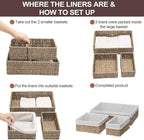FairyHaus Seagrass Storage Baskets with Liner, Natural Small Seagrass Baskets, Hand-woven Nesting Wicker Baskets Set for Shelves Rectangle 3Pack (L+M+S)