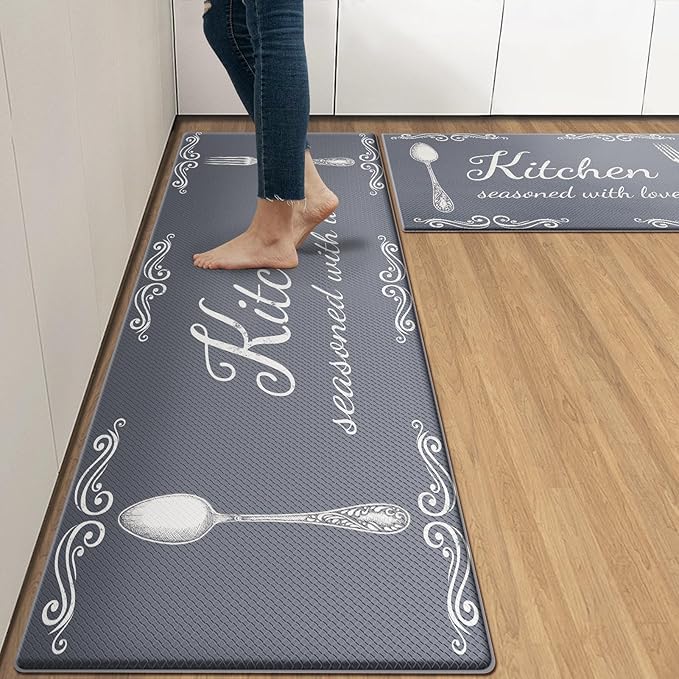 Arttown Grey Farmhouse Anti-Fatigue Kitchen Rug Set of 2 Knife Fork Rustic Vintage Cushioned Floor Standing Mat Waterproof Non-Slip Kitchen Mat and PVC Ergonomic Comfort Foam Rug