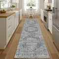 2'6''x8' Runner Rug, Washable Kitchen Rugs, Blue Boho Vintage Floral Hallway Runner, Non Slip Low Pile Area Rug Carpet for Hallway, Kitchen, Laundry Room and Bathroom(Blue 2.6x8ft)