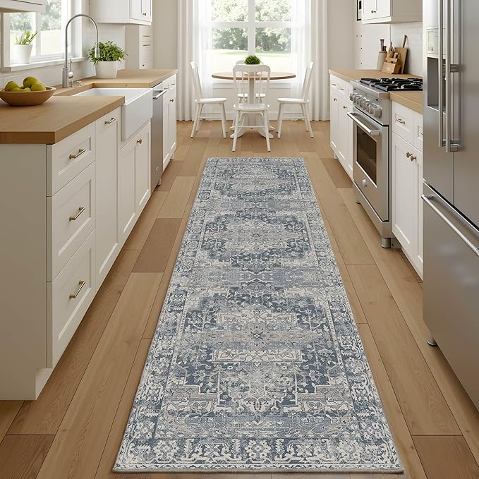 2'6''x8' Runner Rug, Washable Kitchen Rugs, Blue Boho Vintage Floral Hallway Runner, Non Slip Low Pile Area Rug Carpet for Hallway, Kitchen, Laundry Room and Bathroom(Blue 2.6x8ft)