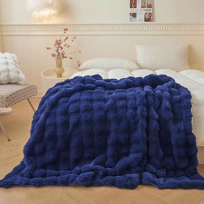 LIFEREVO Fluffy Faux Rabbit Fur Bubble Blanket, Plush Shaggy Throw for Couch Sofa, Cozy Comfy Furry Bed Blanket Adults Kids Teens Girls, Royal Blue Fuzzy Throw for Bedroom Living Room 60x90, Navy Blue