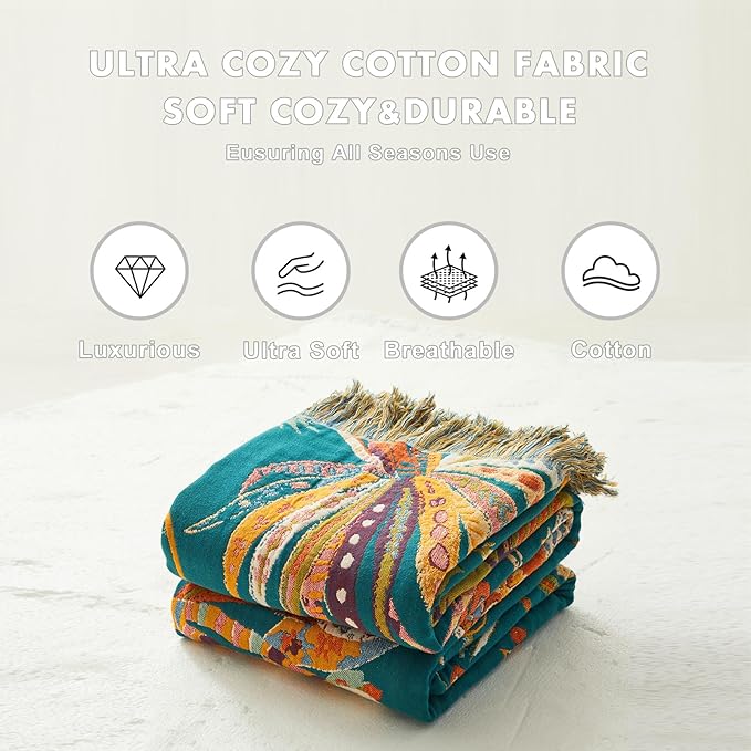 MSGKV Boho Throw Blanket for Couch 100% Cotton Embroidery Blanket 50"x60" Sofa Bed Chair Muslin Spring Breathable All Seasons Lightweight Farmhouse Blankets Home Decor