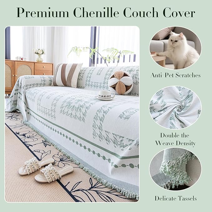 Houndstooth Sofa Covers Washable, Boho Couch Cover for Dogs Washablee, Sofa Blanket Cover, Medium Couch Covers for Recilner&Chair(1pc/Green/71×71")