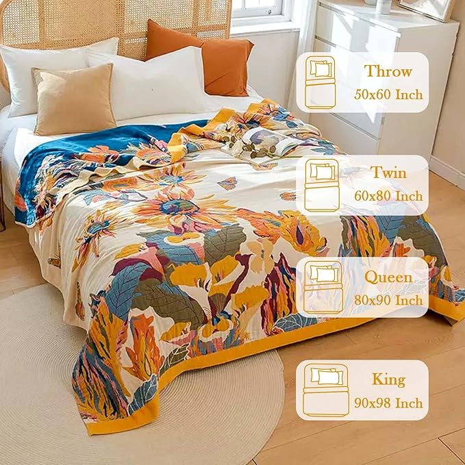 Boho Throw Blanket, 100% Cotton Ultra Soft Luxury Throw Rustic Quilt, 50"x60" Floral Bird Butterfly Farmhouse Decor Bed Blankets, All Season Rustic Reversible Bohemian Throw for Bed - Yellow
