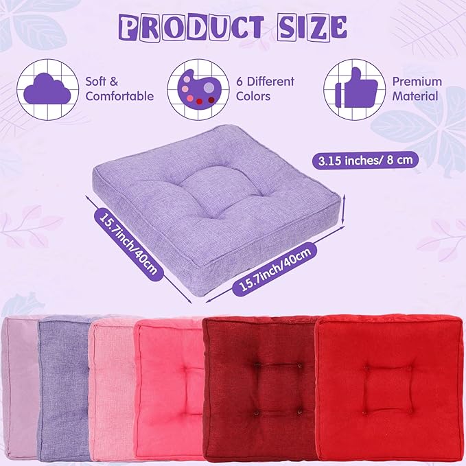 Qunclay 6 Pcs Floor Cushions Bulk Floor Pillows Flexible Seating Cushions 3.15'' Thick Flexible Seating Classroom Furniture Meditation Seat Pillows for Home Nursery Yoga Decor 15.7'' x 15.7''(Bright)