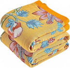 Boho Blanket Soft Muslin Boho Throw Blanket 100% Cotton Blanket All Seasons Reversible Rustic Floral Printed Vintage Rustic Farmhouse Decor Throw for Sofa Couch Chair (Yellow, 50"x60")
