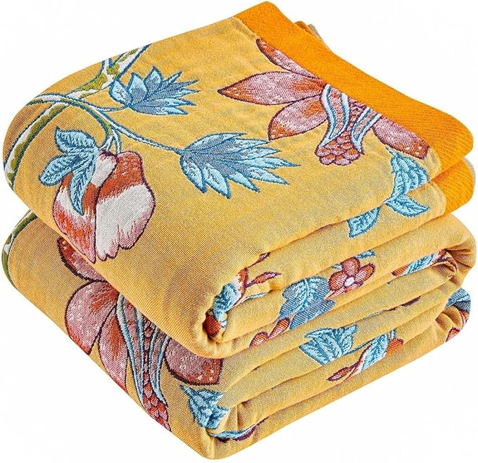 Boho Blanket Soft Muslin Boho Throw Blanket 100% Cotton Blanket All Seasons Reversible Rustic Floral Printed Vintage Rustic Farmhouse Decor Throw for Sofa Couch Chair (Yellow, 50"x60")