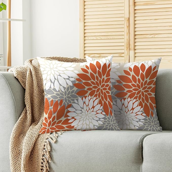 Orange White Grey Gray Pillow Covers 20X20 Inch Set of 2, Modern Dahlia Floral Print Decorative Throw Pillow Covers Outdoor Farmhouse Cushion Case for Home Couch Sofa Bed Decoration