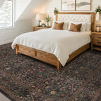 Vintage Dark Brown Washable Living Room Rug 8x10, Non-Slip Large Area Rugs for Dining Room Under Table, Bedroom, Black Brown Deep Olive Taupe Espresso Accent Floral Carpet, Low Pile Stain Resistant