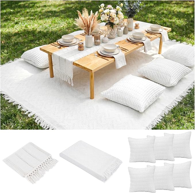 Extra Large Outdoor Boho Picnic Blanket with Table Runner and 6 Throw Pillows Covers Wedding Party Decoration Photoshoot Home Garden Party Decor Patio Lawn Outdoor Mat Beach Party theme Supplies White