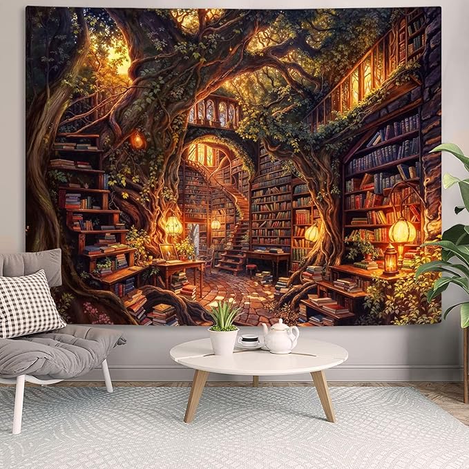 Accnicc Forest Library Tapestry Tree Bookshelf Tapestries Wall Hanging Vintage Fantasy Fairy Treehouse Book Large Tapestry for Bedroom Living Room Dorm Classroom 60 x 44 inch