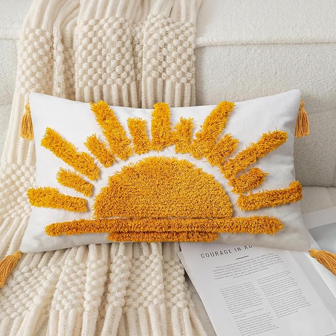 Adabana Boho Decorative Throw Pillow Covers 12x20 Tufted Yellow Sun Sunshine Pillow Cover for Bedroom Living Room Bed Sofa