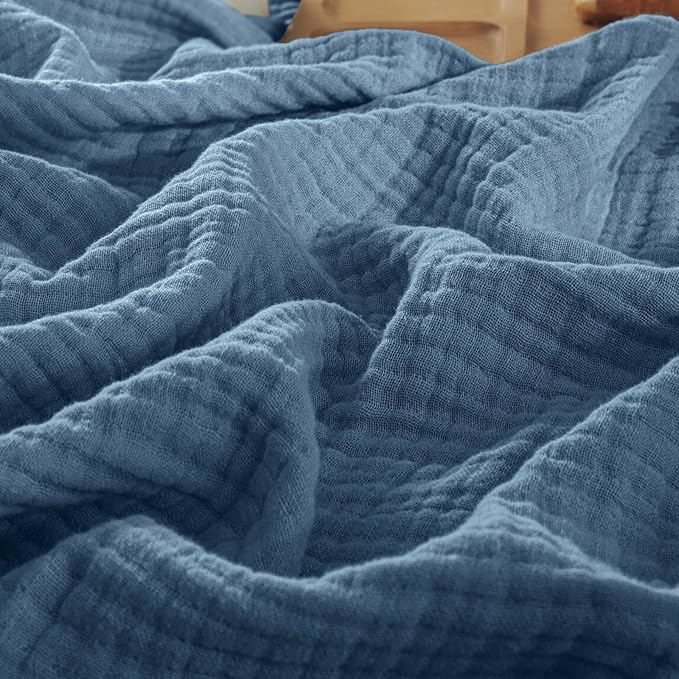 PHF 100% Cotton Muslin Blanket Queen Size 90"x90", 4-Layer Lightweight Gauze Throw, Breathable Cloud-Soft Minimalist Blanket for Bed, Couch, Camping & Baby, Denim Blue, Ideal Gift