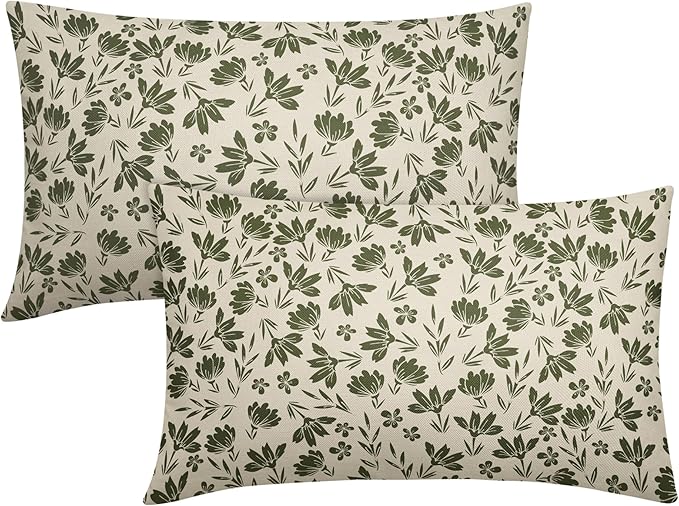 Olive Green Floral Pillow Covers 12x20 Set of 2 Vintage Rustic Old Style Cute Small Flower Green Cream Print Decorative Outdoor Pillowcases Farmhouse Throw Cushion Case Decor for Couch Sofa Bed