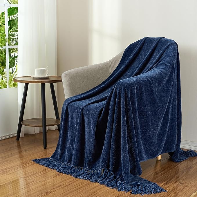 Chenille Throw Blanket for Couch with Tassels,60"X80" Soft Cozy Lightweight Knitted Boho Decorative Blankets for Bed and Sofa,Navy Blue