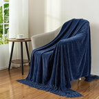 Chenille Throw Blanket for Couch with Tassels,50"X60" Soft Cozy Lightweight Knitted Boho Decorative Blankets for Bed and Sofa,Navy Blue
