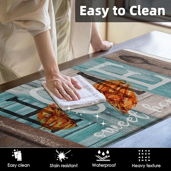 Arttown Farmhouse Anti-Fatigue Kitchen Rug Set of 2 Brown Teal Home Sweet Wood Vintage Cushioned Floor Standing Mat Waterproof Non-Slip Kitchen Mat and PVC Ergonomic Comfort Foam Rug